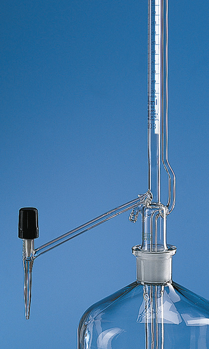 自动回零滴定管 Pellet 型, BLAUBRAND®, AS级, DE-M, 无中间旋塞, 侧滴型阀芯, 蓝色 Schellbach 条