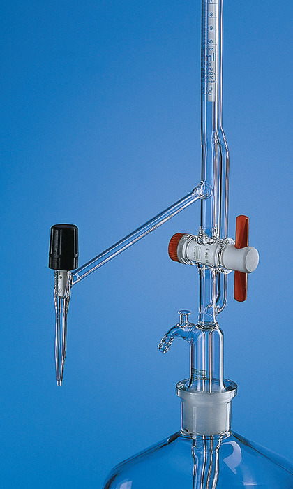 自动回零滴定管 Pellet 型, BLAUBRAND®, AS级, DE-M, 带中间旋塞, PTFE 栓塞, 侧滴型阀芯, 蓝色 Schellbach 条