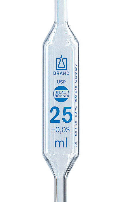 胖肚移液管 USP, BLAUBRAND®, AS级, 单刻度, AR-GLAS®, 蓝色刻度, DE-M, USP 批次证书